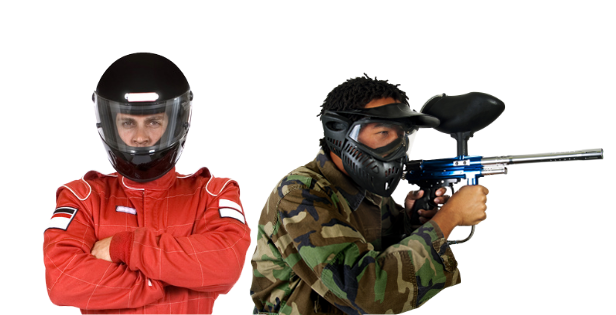 A karting driver and someone playing paintball.