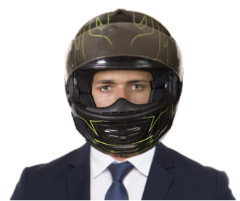 Man in suit and crash helmet